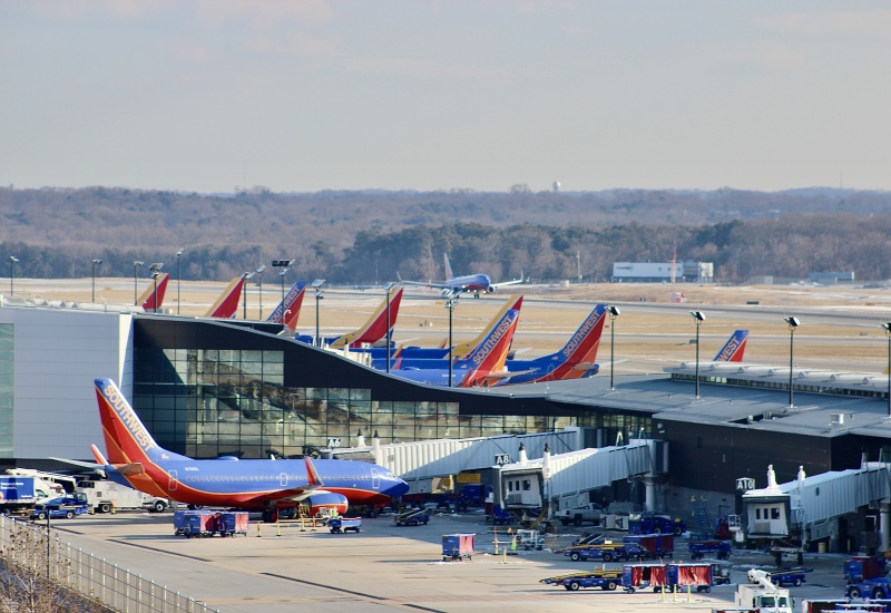 A group of Southwest airlines aircraft at the gate