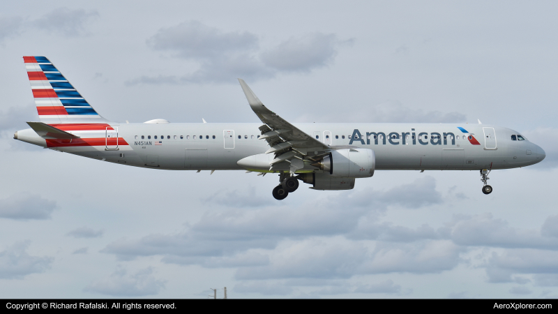 Photo of N451AN - American Airlines Airbus A321NEO at MIA on AeroXplorer Aviation Database