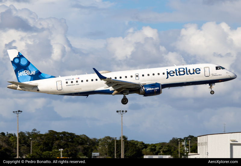 Photo of N192JB - JetBlue Airways Embraer E190 at FLL on AeroXplorer Aviation Database