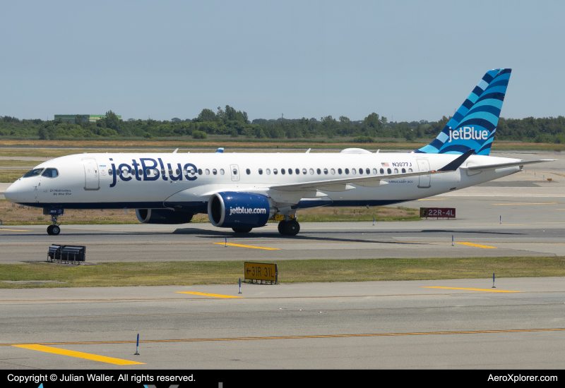 Photo of N3077J - JetBlue Airways Airbus A220-300 at JFK on AeroXplorer Aviation Database