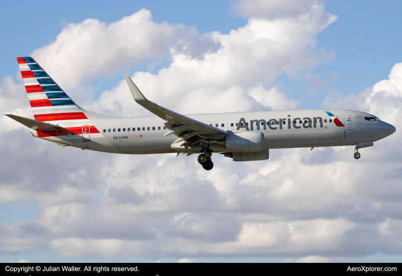 Photo of N834NN - American Airlines Boeing 737-800 at MIA on AeroXplorer Aviation Database