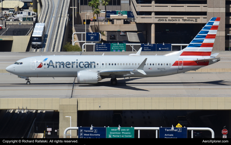 Photo of N321TG - American Airlines Boeing 737 MAX 8 at PHX on AeroXplorer Aviation Database