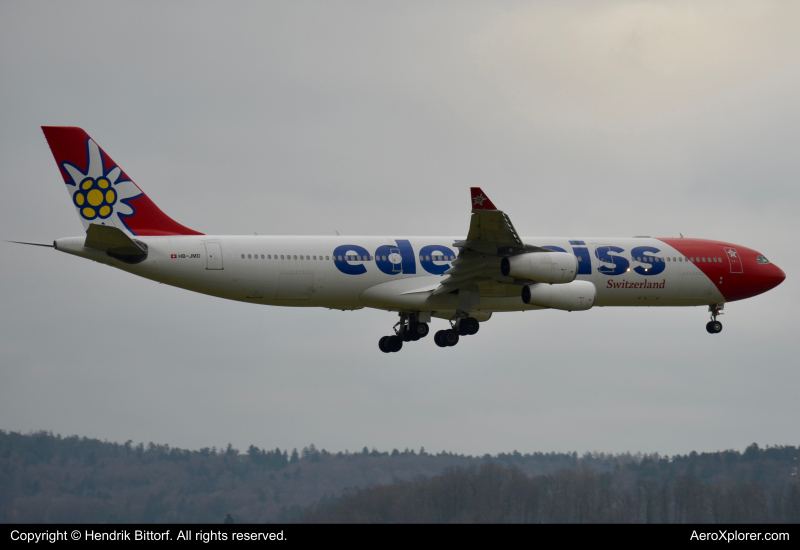 Photo of HB-JMD - Edelweiss Air Airbus A340-300 at ZRH on AeroXplorer Aviation Database