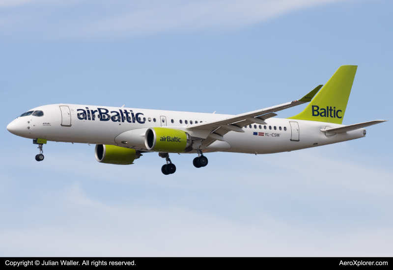 Photo of YL-CSM - Air Baltic Airbus A220-300 at LHR on AeroXplorer Aviation Database