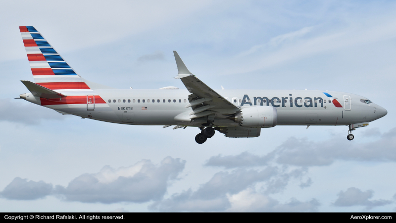 Photo of N308TB - American Airlines Boeing 737 MAX 8 at MIA on AeroXplorer Aviation Database