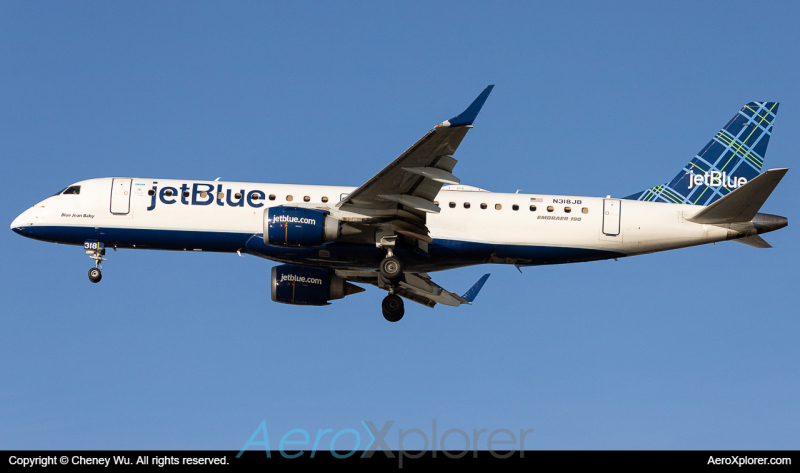 Photo of N318JB - JetBlue Airways Embraer E190 at BOS on AeroXplorer Aviation Database