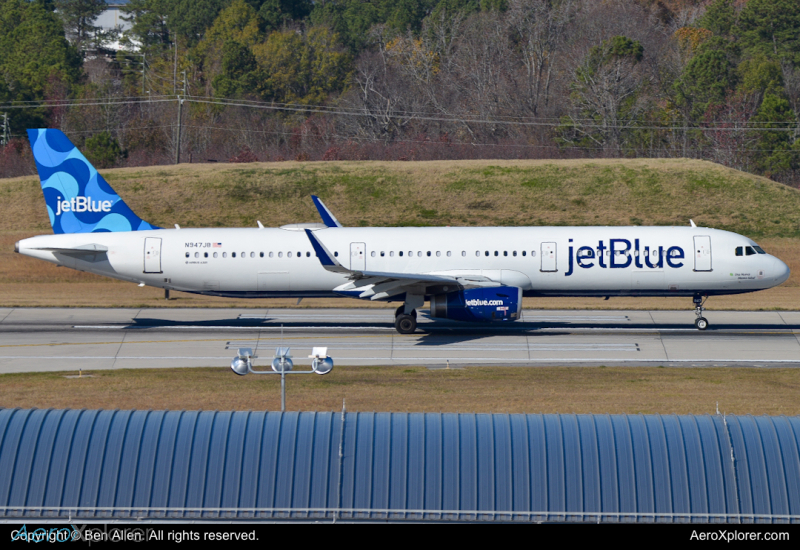 Photo of N947JB - JetBlue Airways Airbus A321-200 at RDU on AeroXplorer Aviation Database