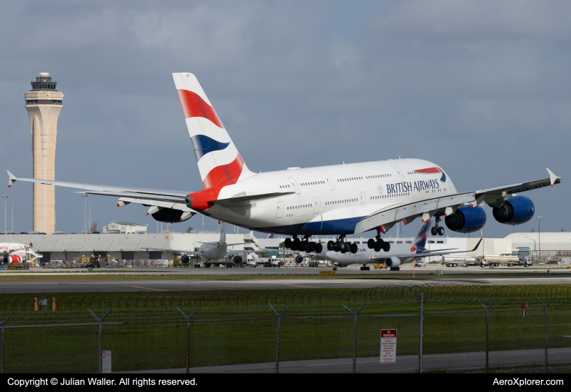 Photo of G-XLEC - British Airways Airbus A380-800 at MIA on AeroXplorer Aviation Database