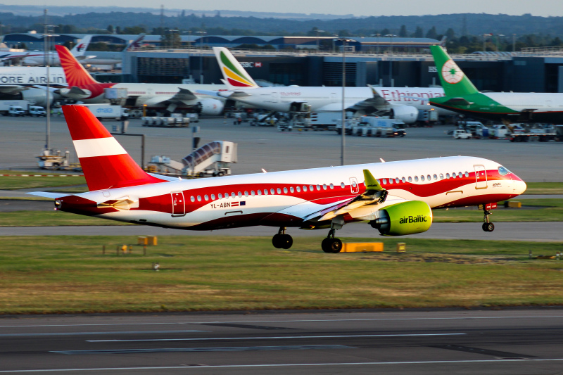 Photo of YL-ABN - Air Baltic Airbus A220-300 at LHR on AeroXplorer Aviation Database